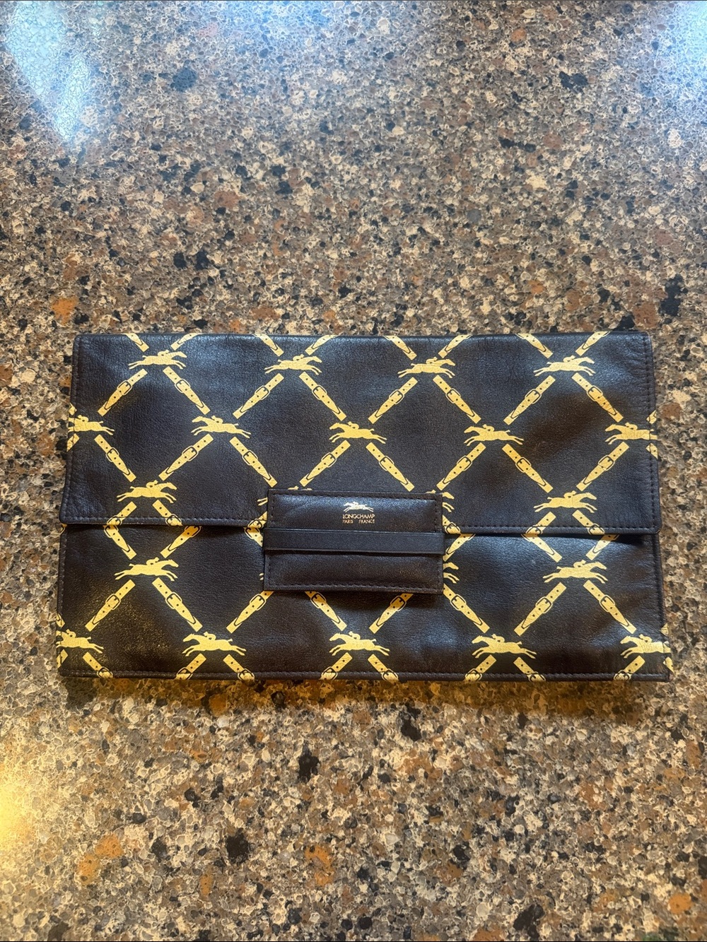 Longchamp Brown Leather Wallet with Yellow Accent Print